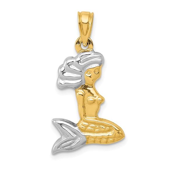 14k Yellow Gold and Rhodium 3D Hollow Mermaid Necklace - 18 Inch - Picture 1 of 6